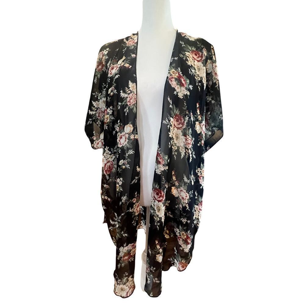 TRY THIS COVER UP BLACK SHEER FLORAL FLOWY WOMENS SIZE SMALL